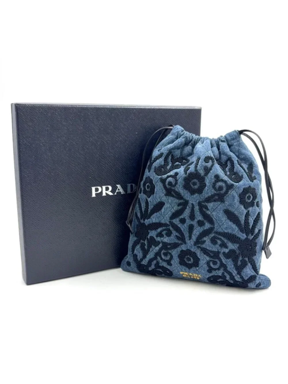 Prada Embroidery Drawstring Leather Denim Blue Pouch